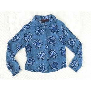 Funky People Blue Floral Rayon Crop Sheer Button Down Shirt XL Vintage Y2K 90s